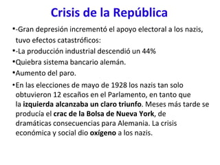 Crisis de la República
•-Gran depresión incrementó el apoyo electoral a los nazis,
tuvo efectos catastróficos:
•-La producción industrial descendió un 44%
•Quiebra sistema bancario alemán.
•Aumento del paro.
•En las elecciones de mayo de 1928 los nazis tan solo
obtuvieron 12 escaños en el Parlamento, en tanto que
la izquierda alcanzaba un claro triunfo. Meses más tarde se
producía el crac de la Bolsa de Nueva York, de
dramáticas consecuencias para Alemania. La crisis
económica y social dio oxígeno a los nazis.
 