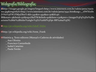 Webgrafia/Bibliografia;
http://images.google.pt/imgres?imgurl=http://www.internext.com.br/valois/pena/nazis
mo.jpg&imgrefurl=http://www.internext.com.br/valois/pena/1942.htm&usg=__1SWXIzifn
JVHoV5iFW7YMjuDbwY=&h=340&w=492&sz=30&hl=pt-
BR&start=3&tbnid=51t8j0qxzSkdTM:&tbnh=90&tbnw=130&prev=/images%3Fq%3Do%2Bn
azismo%2Bde%2Bhitler%26gbv%3D2%26hl%3Dpt-BR%26sa%3DG
http://pt.wikipedia.org/wiki/Adolf_Hitler
http://pt.wikipedia.org/wiki/Anne_Frank
História 9, Texto editores (Manual e Caderno de atividades)
_ Ana Oliveira
_ Francisco Cantanhede
_ Isabel Catarino
_ Paula Torrão
 