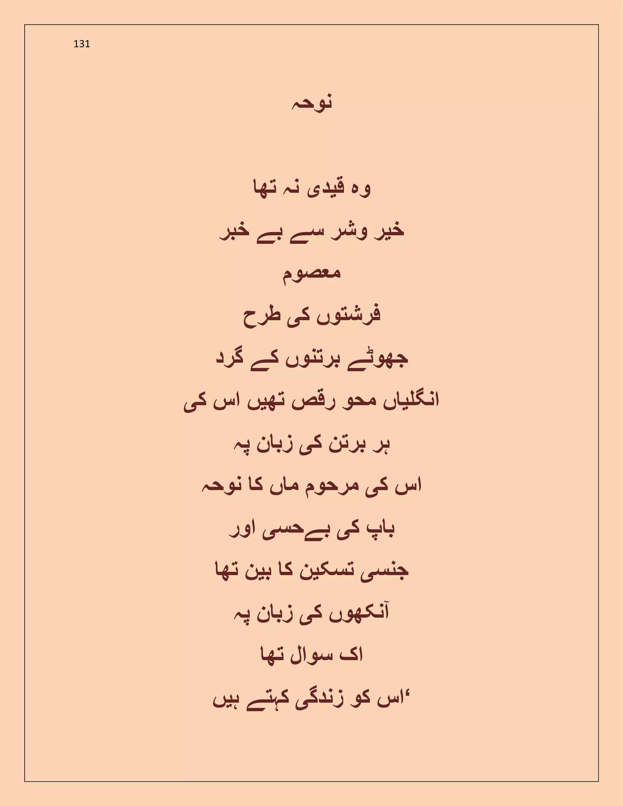 131
‫نوحہ‬
‫ق‬ ‫وہ‬‫ی‬‫د‬‫ی‬‫تھ‬ ‫نہ‬
‫خ‬‫ی‬‫خبر‬ ‫بے‬ ‫سے‬ ‫وشر‬ ‫ر‬
‫صو‬ ‫م‬
‫ک‬ ‫فرشتوں‬‫ی‬‫طرح‬
‫گرد‬ ‫کے‬ ‫برتنوں‬ ‫جھوٹے‬
‫انگ‬‫ی‬‫تھ‬ ‫رقص‬ ‫محو‬ ‫ں‬‫ی‬‫ک‬ ‫اس‬ ‫ں‬‫ی‬
‫ک‬ ‫برتن‬ ‫ہر‬‫ی‬‫پہ‬ ‫ن‬ ‫زب‬
‫ک‬ ‫اس‬‫ی‬‫نوحہ‬ ‫ک‬ ‫ں‬ ‫م‬ ‫مرحو‬
‫ک‬ ‫پ‬ ‫ب‬‫ی‬‫بےحس‬‫ی‬‫اور‬
‫جنس‬‫ی‬‫تسک‬‫ی‬‫ب‬ ‫ک‬ ‫ن‬‫ی‬‫تھ‬ ‫ن‬
‫ک‬ ‫آنکھوں‬‫ی‬‫پہ‬ ‫ن‬ ‫زب‬
‫سوا‬ ‫اک‬‫تھ‬ ‫ل‬
‫زندگ‬ ‫کو‬ ‫اس‬‫ی‬‫ہ‬ ‫کہتے‬‫ی‬‫ں‬ ‘
 
