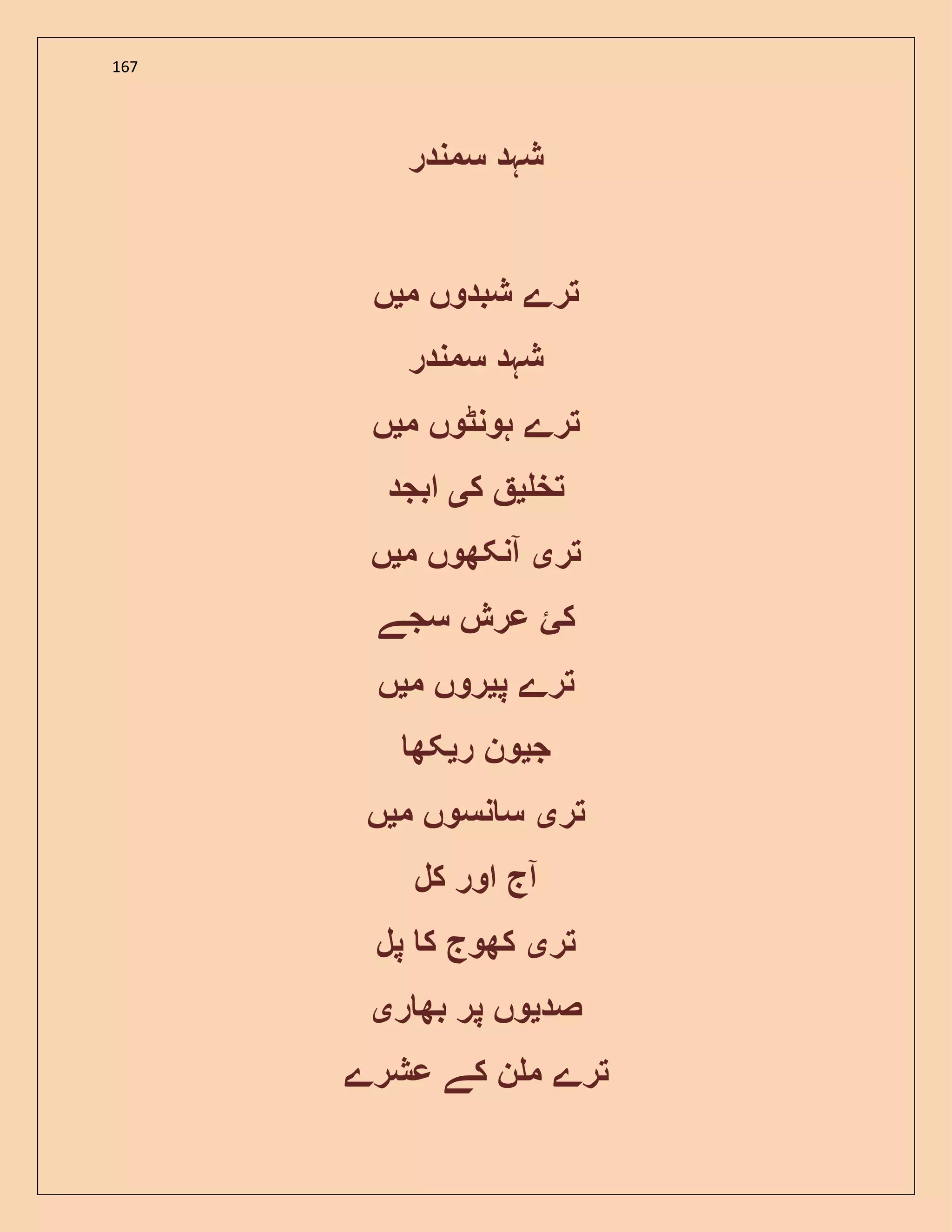 167
‫سمندر‬ ‫شہد‬
‫ترے‬‫شبدوں‬‫م‬‫ی‬‫ں‬
‫شہد‬‫سمندر‬
‫تر‬‫ے‬‫ہونٹوں‬‫م‬‫ی‬‫ں‬
‫تخ‬‫ی‬‫ک‬‫ی‬‫ابجد‬
‫تر‬‫ی‬‫آنکھوں‬‫م‬‫ی‬‫ں‬
‫کئ‬‫عرش‬‫سجے‬
‫ترے‬‫پ‬‫ی‬‫روں‬‫م‬‫ی‬‫ں‬
‫ج‬‫ی‬‫ون‬‫ر‬‫ی‬‫کھ‬
‫تر‬‫ی‬‫نسوں‬ ‫س‬‫م‬‫ی‬‫ں‬
‫آج‬‫اور‬‫کل‬
‫تر‬‫ی‬‫کھوج‬‫ک‬‫پل‬
‫صد‬‫ی‬‫وں‬‫پر‬‫ر‬ ‫بھ‬‫ی‬
‫ترے‬‫ن‬ ‫م‬‫کے‬‫عشرے‬
 
