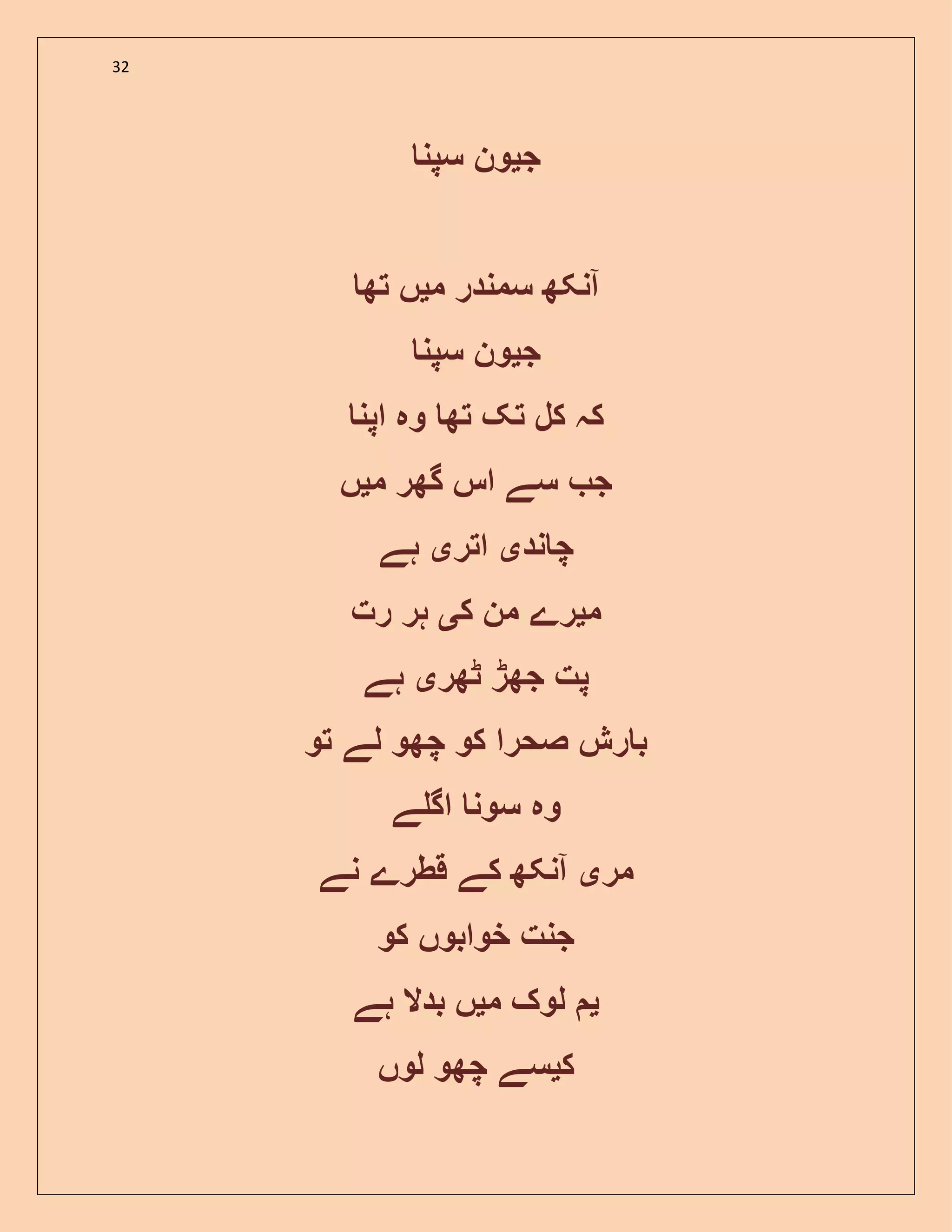 32
‫ج‬‫ی‬‫ون‬‫سپن‬
‫م‬ ‫سمندر‬ ‫آنکھ‬‫ی‬‫تھ‬ ‫ں‬
‫ج‬‫ی‬‫سپن‬ ‫ون‬
‫اپن‬ ‫وہ‬ ‫تھ‬ ‫تک‬ ‫کل‬ ‫کہ‬
‫م‬ ‫گھر‬ ‫اس‬ ‫سے‬ ‫ج‬‫ی‬‫ں‬
‫ند‬ ‫چ‬‫ی‬‫اتر‬‫ی‬‫ہے‬
‫م‬‫ی‬‫ک‬ ‫من‬ ‫رے‬‫ی‬‫رت‬ ‫ہر‬
‫ٹھر‬ ‫جھڑ‬ ‫پت‬‫ی‬‫ہے‬
‫تو‬ ‫لے‬ ‫چھو‬ ‫کو‬ ‫صحرا‬ ‫رش‬ ‫ب‬
‫ے‬ ‫اگ‬ ‫سون‬ ‫وہ‬
‫مر‬‫ی‬‫نے‬ ‫قطرے‬ ‫کے‬ ‫آنکھ‬
‫کو‬ ‫خوابوں‬ ‫جنت‬
‫ی‬‫م‬ ‫لوک‬‫ی‬‫ہے‬ ‫بدال‬ ‫ں‬
‫ک‬‫ی‬‫لوں‬ ‫چھو‬ ‫سے‬
 