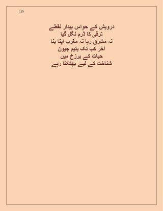 110
‫درو‬‫ی‬‫ب‬ ‫حواس‬ ‫کے‬ ‫ش‬‫ی‬‫نقطے‬ ‫دار‬
‫ترق‬‫ی‬‫گ‬ ‫نگل‬ ‫ڈر‬ ‫ک‬‫ی‬
‫بن‬ ‫اپن‬ ‫مغر‬ ‫نہ‬ ‫رہ‬ ‫مشر‬ ‫نہ‬
‫تک‬ ‫ک‬ ‫آخر‬‫ی‬‫ت‬‫ی‬‫ج‬‫ی‬‫ون‬
‫ح‬‫ی‬‫م‬ ‫برزخ‬ ‫کے‬ ‫ت‬‫ی‬‫ں‬
‫ل‬ ‫کے‬ ‫خت‬ ‫شن‬‫ی‬‫رہے‬ ‫بھٹکت‬ ‫ے‬
 