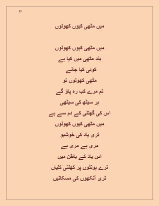 13
‫م‬‫ی‬‫مٹھ‬ ‫ں‬‫ی‬‫ک‬‫ی‬‫کھولوں‬ ‫وں‬
‫م‬‫ی‬‫مٹھ‬ ‫ں‬‫ی‬‫ک‬‫ی‬‫کھولوں‬ ‫وں‬
‫مٹھ‬ ‫بند‬‫ی‬‫م‬‫ی‬‫ک‬ ‫ں‬‫ی‬‫ہے‬
‫کوئ‬‫ی‬‫ک‬‫ی‬‫نے‬ ‫ج‬
‫مٹھ‬‫ی‬‫تو‬ ‫کھولوں‬
‫گے‬ ‫پ‬ ‫رہ‬ ‫ک‬ ‫مرے‬ ‫ت‬
‫س‬ ‫ہر‬‫ی‬‫ک‬ ‫ٹھ‬‫ی‬‫س‬‫ی‬‫ٹھ‬‫ی‬
‫ک‬ ‫اس‬‫ی‬‫گھت‬‫ی‬‫ہے‬ ‫سے‬ ‫د‬ ‫کے‬
‫م‬‫ی‬‫مٹھ‬ ‫ں‬‫ی‬‫ک‬‫ی‬‫کھولوں‬ ‫وں‬
‫تر‬‫ی‬‫ی‬‫ک‬ ‫د‬‫ی‬‫خوشبو‬
‫مر‬‫ی‬‫مر‬ ‫ہے‬‫ی‬‫ہے‬
‫اس‬‫ی‬‫م‬ ‫طن‬ ‫ب‬ ‫کے‬ ‫د‬‫ی‬‫ں‬
‫ت‬ ‫کھ‬ ‫پر‬ ‫ہونٹوں‬ ‫ترے‬‫ی‬‫ک‬‫ی‬‫ں‬
‫تر‬‫ی‬‫ک‬ ‫آنکھوں‬‫ی‬‫ن‬ ‫مسک‬‫ی‬‫ں‬
 