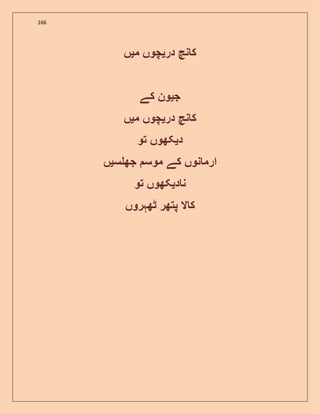 166
‫در‬ ‫نچ‬ ‫ک‬‫ی‬‫م‬ ‫چوں‬‫ی‬‫ں‬
‫ج‬‫ی‬‫کے‬ ‫ون‬
‫در‬ ‫نچ‬ ‫ک‬‫ی‬‫م‬ ‫چوں‬‫ی‬‫ں‬
‫د‬‫ی‬‫تو‬ ‫کھوں‬
‫س‬ ‫جھ‬ ‫موس‬ ‫کے‬ ‫نوں‬ ‫ارم‬‫ی‬‫ں‬
‫د‬ ‫ن‬‫ی‬‫تو‬ ‫کھوں‬
‫ٹھہروں‬ ‫پتھر‬ ‫ال‬ ‫ک‬
 