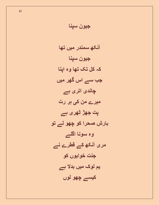 32
‫ج‬‫ی‬‫ون‬‫سپن‬
‫م‬ ‫سمندر‬ ‫آنکھ‬‫ی‬‫تھ‬ ‫ں‬
‫ج‬‫ی‬‫سپن‬ ‫ون‬
‫اپن‬ ‫وہ‬ ‫تھ‬ ‫تک‬ ‫کل‬ ‫کہ‬
‫م‬ ‫گھر‬ ‫اس‬ ‫سے‬ ‫ج‬‫ی‬‫ں‬
‫ند‬ ‫چ‬‫ی‬‫اتر‬‫ی‬‫ہے‬
‫م‬‫ی‬‫ک‬ ‫من‬ ‫رے‬‫ی‬‫رت‬ ‫ہر‬
‫ٹھر‬ ‫جھڑ‬ ‫پت‬‫ی‬‫ہے‬
‫تو‬ ‫لے‬ ‫چھو‬ ‫کو‬ ‫صحرا‬ ‫رش‬ ‫ب‬
‫ے‬ ‫اگ‬ ‫سون‬ ‫وہ‬
‫مر‬‫ی‬‫نے‬ ‫قطرے‬ ‫کے‬ ‫آنکھ‬
‫کو‬ ‫خوابوں‬ ‫جنت‬
‫ی‬‫م‬ ‫لوک‬‫ی‬‫ہے‬ ‫بدال‬ ‫ں‬
‫ک‬‫ی‬‫لوں‬ ‫چھو‬ ‫سے‬
 