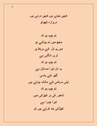 72
‫کبھ‬‫ی‬‫ج‬‫ی‬‫ہ‬ ‫تے‬‫ی‬‫کبھ‬ ‫ں‬‫ی‬‫ہ‬ ‫مرتے‬‫ی‬‫ں‬
‫کھولو‬ ‫دروازہ‬
‫کہ‬ ‫ہو‬ ‫چپ‬ ‫ت‬
‫مج‬‫م‬ ‫ھ‬‫ی‬‫ہو‬ ‫بولتے‬ ‫ت‬ ‫ں‬
‫م‬‫ی‬‫پر‬ ‫بربط‬ ‫کے‬ ‫دل‬ ‫رے‬
‫تر‬‫ی‬‫انگ‬‫ی‬‫ہے‬
‫کہ‬ ‫ہو‬ ‫چپ‬ ‫ت‬
‫ی‬‫ت‬ ‫دل‬ ‫ہ‬‫ی‬‫ہے‬ ‫مسکن‬ ‫را‬
‫س‬ ‫ب‬ ‫کے‬ ‫گھر‬‫ی‬
‫اپن‬‫ی‬‫مرض‬‫ی‬‫ہ‬ ‫ہوتے‬ ‫لک‬ ‫م‬ ‫کے‬‫ی‬‫ں‬
‫کہ‬ ‫ہو‬ ‫چپ‬ ‫ت‬
‫ک‬ ‫ور‬ ‫ش‬‫ی‬‫کھزک‬ ‫ہر‬‫ی‬‫م‬‫ی‬‫ں‬
‫ت‬‫ی‬‫ہے‬ ‫چہرا‬ ‫را‬
‫کھڑک‬‫ی‬‫ہ‬ ‫کرتے‬ ‫بند‬‫ی‬‫تو‬ ‫ں‬
 
