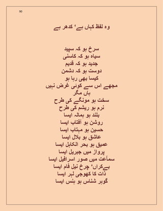 90
‫ہے‬ ‫ں‬ ‫کہ‬ ‫ظ‬ ‫ل‬ ‫وہ‬‘‫ہے‬ ‫کدھر‬
‫سپ‬ ‫کہ‬ ‫ہو‬ ‫سرخ‬‫ی‬‫د‬
‫س‬‫ی‬‫سن‬ ‫ک‬ ‫کہ‬ ‫ہو‬ ‫ہ‬‫ی‬
‫جد‬‫ی‬‫قد‬ ‫کہ‬ ‫ہو‬ ‫د‬‫ی‬
‫دشمن‬ ‫کہ‬ ‫ہو‬ ‫دوست‬
‫ک‬‫ی‬‫بھ‬ ‫س‬‫ی‬‫ہو‬ ‫رہ‬
‫کوئ‬ ‫سے‬ ‫اس‬ ‫مجھے‬‫ی‬‫غ‬‫نہ‬ ‫رض‬‫ی‬‫ں‬
‫مگر‬ ‫ں‬ ‫ہ‬
‫ک‬ ‫مونگے‬ ‫ہو‬ ‫سخت‬‫ی‬‫طرح‬
‫ر‬ ‫ہو‬ ‫نر‬‫ی‬‫ک‬ ‫ش‬‫ی‬‫طرح‬
‫ا‬ ‫لہ‬ ‫ہم‬ ‫ہو‬ ‫ند‬ ‫ب‬‫ی‬‫س‬
‫ا‬ ‫آفت‬ ‫ہو‬ ‫روشن‬‫ی‬‫س‬
‫حس‬‫ی‬‫ا‬ ‫مہت‬ ‫ہو‬ ‫ن‬‫ی‬‫س‬
‫ا‬ ‫بالل‬ ‫ہو‬ ‫ش‬ ‫ع‬‫ی‬‫س‬
‫عم‬‫ی‬‫ا‬ ‫ہل‬ ‫الک‬ ‫بحر‬ ‫ہو‬‫ی‬‫س‬
‫م‬ ‫پرواز‬‫ی‬‫جبر‬ ‫ں‬‫ی‬‫ا‬ ‫ل‬‫ی‬‫س‬
‫م‬ ‫عت‬ ‫سم‬‫ی‬‫اسراف‬ ‫صور‬ ‫ں‬‫ی‬‫ا‬ ‫ل‬‫ی‬‫س‬
‫بےکراں‬‘‫ن‬ ‫چرخ‬‫ی‬‫ا‬ ‫ف‬ ‫ل‬‫ی‬‫س‬
‫کھوج‬ ‫ک‬ ‫ذات‬‫ی‬‫ا‬ ‫لہر‬‫ی‬‫س‬
‫ش‬ ‫گوہر‬‫ا‬ ‫ہنس‬ ‫ہو‬ ‫س‬ ‫ن‬‫ی‬‫س‬
 