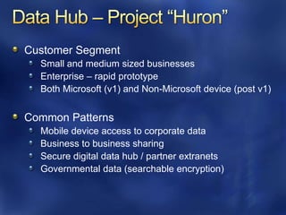ArchitectureShared SQL infrastructureEach user database is replicated to multiple serversClient requests are routed to current “primary database”State-of-the-art HA technologyAutomatic failure detection; client request re-routed to new primaryLoad balancing across shared resource poolGateway provides TDS entry point, provisioning capabilityMachine 2Machine 3Machine 4Machine 1SQL InstanceSQL InstanceSQL InstanceSQL InstanceSQL DBSQL DBSQL DBSQL DBUserDB1UserDB3UserDB4UserDB2UserDB1UserDB2UserDB3UserDB4UserDB5UserDB2UserDB3UserDB4UserDB1UserDB5UserDB3UserDB4TDS entry point, provisioningHigh Availability Fabric: Failover and  Load balancing