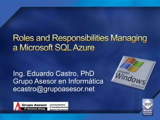 Roles and Responsibilities Managing a Microsoft SQL Azure Ing. Eduardo Castro, PhD GrupoAsesor en Informática ecastro@grupoasesor.net 