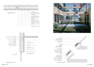MCH 2023 Housing 25
24
CEILING FINISH
50 mm multi-layer wood panels.
STRUCTURE
Timber column, 400 x 140 mm thick.
INTERIOR FINISH
18 mm multi-layer wood panel.
Vapour barrier, polyethylene sheet,
0.2 mm thick.
Silicone seal with polyethylene backing.
Aluminium window straps
fixed to window & structure.
Corrugated / corten steel cladding 5mm
thick.
Metal sections for corrugated sheet,
C-section.
Icelandic rockwool insulation,
100 mm thick.
Icelandic rockwool insulation,
200 mm thick.
Permeable polyurethane lining for
wood protection, 1.5 mm thick.
Timber panel, 75 mm thick.
GLAZING
2 layers, 48 mm thick.
Vapour breathable, waterproof membrane
0.2 mm thick.
INTERIOR FINISH
18 mm multilayer wood panel.
Vapour barrier, polyethylene sheet,
0.2 mm thick.
Timber panel, 75 mm.
Permeable polyurethane lining for
wood protection, 1.5 mm thick.
Permeable polyurethane lining for
wood protection, 1.5 mm thick.
Icelandic rockwool insulation,
100 mm thick.
Icelandic rockwool insulation,
200 mm thick.
Metal section for corrugated sheet
C-section.
Metal sheet cladding 5 mm thick.
STRUCTURE
Timber column, 200 x 300 mm thick.
Façade detail _ Plan
Façade detail _ Section
GLAZING
2 layers, 48 mm thick.
Aluminum window straps
fixed to the window & structure.
WATERPROOFING
Bitumen Capping sheet resistant
to roots.
Elastomeric bitumen layer with
glass lattice reinforcement.
Elastomeric bitumen vapour
barrier.
Bitumen primer.
Silicone seal with
polyethylene backing.
GREEN ROOF
Substrate.
Filter fleece.
Drainage board (geogrid).
Protection & storage fleece.
Perlite screed 70mm
Permeable polyurethane lining for
wood protection, 1.5 mm thick.
STRUCTURE
Timber beam, 400 x 140 mm.
THERMAL INSULATION
polyurethane foam panels,
160 mm thick.
Roof detail _ Section
 