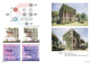 MCH 2023 Housing 53
52
HEATING
strategy
COOLING/
HEATING
strategy
COOLING
strategy
winter
heating
cooling
summer
PASIVE
THERMAL
EXCHANGE
solar chimney
thermal heater
with foliage
P
E
R
G
O
L
A
S
U
N
E
X
P
O
S
I
T
I
O
N
T
E
M
P
S
T
A
B
I
L
I
T
Y
B
L
O
C
K
S
U
N G
E
T
R
I
D
O
F
H
U
M
T
E
M
P
S
T
A
B
I
L
I
T
Y
L
I
F
T
L
O
W
A
L
B
E
D
O
WALL
G
R
E
E
N
H
O
U
S
E
(-)
without foliage
Modular concrete grid.
Irregularity given by cantilevers.
4 cores in order to have flexibility and reduce corridors surface.
Prototype
Cooling and heating strategies diagram
 