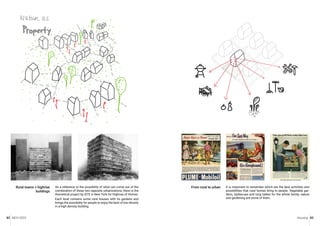 MCH 2023 Housing 83
82
As a reference to the possibility of what can come out of the
combination of these two opposite urbanizations, there is the
theoretical project by SITE in New York for Highrise of Homes.
Each level contains some rural houses with its gardens and
brings the possibility for people to enjoy the best of low density
in a high density building.
Rural towns + highrise
buildings
It is important to remember which are the best activities and
possibilities that rural homes bring to people. Vegetable gar-
dens, barbecues and long tables for the whole family, nature
and gardening are some of them.
From rural to urban
SCHREBERGARTEN -
HÄUSL
 