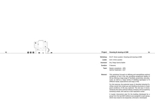 92 93
Housing & reusing at SSB
W_07. Anne Lacaton. Housing and reusing at SSB.
Arch. Anne Lacaton
Arq. Diego García Setién
5 lessons.
Nestor Lenarduzzi _ ARG
Samira Taubmann _ AUT
This workshop focused on defining and exemplifying optimal
conditions to live in the city, providing exceptional quality of
life by offering a large range of facilities, proximities, and plea-
sures, as well as a large variety of dwelling typologies to fit
different needs, expectations and ways of life.
For this exercise, the potential reuse of obsolete industrial fa-
cilities turned into mixed-use and dwelling structures to foster
good conditions of life was explored. The site was in Zurich,
owned by the swiss national railway company and occupied by
workshop sheds, still used as a train reparation center.
A master intervention plan for the building (developed by a
group from the last MCH edition) was assigned to each group,
which was meant to be respected, criticized or developed.
Project
Workshop
Leader
Assistant
Duration
Team
Abstract
 