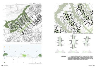 MCH 2023 Urbanism 147
146
P
C
C
P
P
P
P
P
C
C
P
P
P
P P
C
C
P
P
P
P
C
C
P
P
P
P
C
P
P
P P
C
C
P
P
P
P
It is a neighbourhood between the urban and rural context,
where city and nature merge. It is a sustainable, green and pro-
ductive place where people can enjoy living in the city with the
advantages of having nature outside their homes.
Inbetween
Masterplan for Campamento
Masterplan zoom in streets and housing typologies
Conceptual section with services
N
 