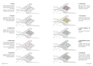 MCH 2023 Housing 15
14
1. Streets
Only two vehicular streets to
access the port and for load-
ing and unloading products in
the market.
Pedestrian streets and bicy-
cle paths around the housing.
2. Program
In addition to the row houses,
there were a plaza, a patio
and a market for fisherpeople
to sell fresh products.
3. Pitched roofs
Change from flat roof to
pitched roof due to climatic
issues. Heavy snowfall and
strong winds.
4. Public space
In order to aboid long façades
and to promote social life out-
side the houses, some units
were deleted.
In this way, we created patios
between houses.
5. Subtraction
Subtraction of part of the vol-
umes generating the access
and the greenhouse.
6. Greenhouses
Both the access and the
greenhouses are covered
with glass in order to get nat-
ural light to the interiors.
7. Sun exposure
The accesses and the green-
houses are exposed to the
sun in order to heat the pri-
vate spaces.
8. Wind deflection by
shape
The triangular shape deflects
the wind.
9. Wind deflection by veg-
etation
In addition to the shape, local
vegetation helps to deflect
the strong winds that come
from all directions.
10. Masterplan
With the market in the front
to relate with the industrial
district. Direct access from
the city to the port and 46
housing units with plazas and
patios between them.
 