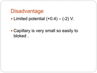 Disadvantage
 Limited potential (+0.4) – (-2) V.
 Capillary is very small so easily to
bloked .
 