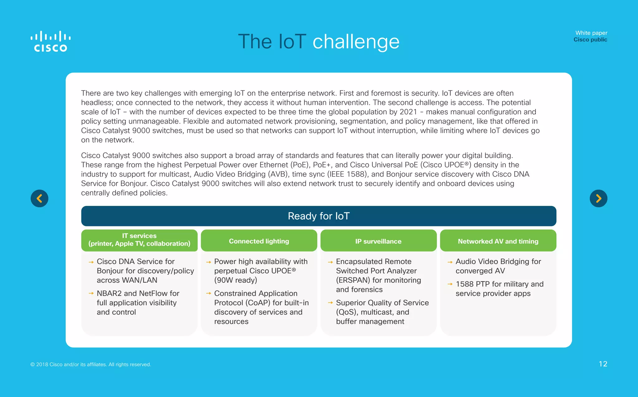 White paper
Cisco public
The IoT challenge
There are two key challenges with emerging IoT on the enterprise network. First and foremost is security. IoT devices are often
headless; once connected to the network, they access it without human intervention. The second challenge is access. The potential
scale of IoT – with the number of devices expected to be three time the global population by 2021 - makes manual configuration and
policy setting unmanageable. Flexible and automated network provisioning, segmentation, and policy management, like that offered in
Cisco Catalyst 9000 switches, must be used so that networks can support IoT without interruption, while limiting where IoT devices go
on the network.
Cisco Catalyst 9000 switches also support a broad array of standards and features that can literally power your digital building.
These range from the highest Perpetual Power over Ethernet (PoE), PoE+, and Cisco Universal PoE (Cisco UPOE®) density in the
industry to support for multicast, Audio Video Bridging (AVB), time sync (IEEE 1588), and Bonjour service discovery with Cisco DNA
Service for Bonjour. Cisco Catalyst 9000 switches will also extend network trust to securely identify and onboard devices using
centrally defined policies.
Cisco DNA Service for
Bonjour for discovery/policy
across WAN/LAN
NBAR2 and NetFlow for
full application visibility
and control
Power high availability with
perpetual Cisco UPOE®
(90W ready)
Constrained Application
Protocol (CoAP) for built-in
discovery of services and
resources
Encapsulated Remote
Switched Port Analyzer
(ERSPAN) for monitoring
and forensics
Superior Quality of Service
(QoS), multicast, and
buffer management
Audio Video Bridging for
converged AV
1588 PTP for military and
service provider apps
IT services
(printer, Apple TV, collaboration) Connected lighting IP surveillance Networked AV and timing
Ready for IoT
© 2018 Cisco and/or its affiliates. All rights reserved. 12
 