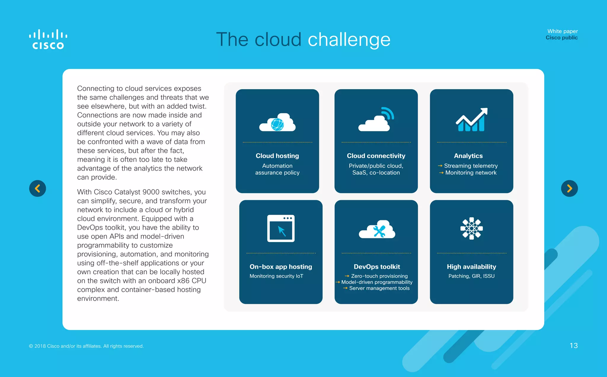 Connecting to cloud services exposes
the same challenges and threats that we
see elsewhere, but with an added twist.
Connections are now made inside and
outside your network to a variety of
different cloud services. You may also
be confronted with a wave of data from
these services, but after the fact,
meaning it is often too late to take
advantage of the analytics the network
can provide.
With Cisco Catalyst 9000 switches, you
can simplify, secure, and transform your
network to include a cloud or hybrid
cloud environment. Equipped with a
DevOps toolkit, you have the ability to
use open APIs and model-driven
programmability to customize
provisioning, automation, and monitoring
using off-the-shelf applications or your
own creation that can be locally hosted
on the switch with an onboard x86 CPU
complex and container-based hosting
environment.
White paper
Cisco public
© 2018 Cisco and/or its affiliates. All rights reserved.
The cloud challenge
Cloud hosting
Automation
assurance policy
On-box app hosting
Monitoring security IoT
DevOps toolkit
Zero-touch provisioning
Model-driven programmability
Server management tools
Analytics
Streaming telemetry
Monitoring network
13
Cloud connectivity
Private/public cloud,
SaaS, co-location
High availability
Patching, GIR, ISSU
 