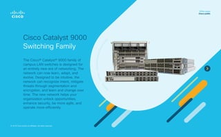 Cisco Catalyst 9000
Switching Family
The Cisco® Catalyst® 9000 family of
campus LAN switches is designed for
an entirely new era of networking. The
network can now learn, adapt, and
evolve. Designed to be intuitive, the
network can recognize intent, mitigate
threats through segmentation and
encryption, and learn and change over
time. The new network helps your
organization unlock opportunities,
enhance security, be more agile, and
operate more efficiently.
White paper
Cisco public
© 2018 Cisco and/or its affiliates. All rights reserved.
 