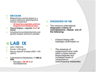  BM EXAM:
 Bilateral bone marrow biopsy is a
routine method for detecting bone
marrow involvement
 At least two aspirates and two
biopsies from bilateral sites
 Tissue biopsy— requires 1cm³ of
tissue
 Including immunohistochemistry and
genetic analysis whenever possible
 LAB IX
 LDH >1500 IU/L
 Ferritin >150 ng/ml
 Neuron-Specific Enolase (NSE >100
ng/mL)
 Catecholamine Metabolites  VMA &
HVA
 Elevated in 90–95 % of
neuroblastomas
 DIAGNOSIS OF NB
 The minimum international
diagnostic criteria of
neuroblastoma –Needs one of
the following:
1. A tissue biopsy with
histologic confirmation or
2. The presence of
unequivocal tumor cells
within a bone marrow
biopsy/aspirate and
increased levels of
urinary/serum
catecholamine metabolites
9
 