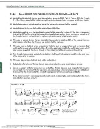 201 1 INATIO NAL. BCARC I NSPE CTION COD E
S1.2.3 BALL SOCKET-TYPE FLEXIBLE STAYBOLTS, SLEEVES, AND CAPS
a) Welded flexible staybolt sleeves shall be applied as shown in NBIC Part 3. Figures S1.2.3-a through
S1 .2.3-e. Sleeve axis shall be in alignment with centerline through holes in wrapper and firebox sheets.
b) Welded sleeves and welded caps that leak at the welds or the sleeve shall be repaired .
c) Wasted caps and sleeves shall not be repaired by weld buildup.
d) Welded sleeves that have damaged cap threads shall be repaired or replaced. If the sleeve has wasted
to less than 60% of the original thickness at the threaded cap section, it may be repaired by cutting off
the threaded section and welding on a replacement section using full penetration welds.
e) Threaded or welded sleeves that are cracked or have wasted to less than 60% of the original thiCkness
at any section other than the threaded cap section shall be replaced.
f) Threaded sleeves that leak where screwed into the boiler shell or wrapper sheet shall be repaired. Seal
welding of one pass not exceeding 3/16 in. (5 mm) leg size is permissible for caulking purposes only. If
sealwelding is applied, the sleeve threads in the weld zone shall be removed prior to welding.
g) New threaded sleeves seal welded after installation shall have the threads removed from the weld zone
ofthe sleeve prior to welding.
h) Threaded staybolt caps that leak shall not be seal welded.
i) Substitution of one type of flexible staybolt sleeve by another type shall be considered a repair.
j) Where necessary for boiler expansion, ball socket-type flexible staybolts shall be positioned in such a
manner as to not interferewith boiler expansion. Where individual bolts are replaced, cane should be taken
to ensure that the stress load of the new bolt is compatible to the loading on adjacent bolts.
Note: Some locomotive boiler designs positioned the bolts by backing the bolt head away from the sleeve
socket bottom a certain amount.
Application of Wdded
TypeStayboltSleeves.
 