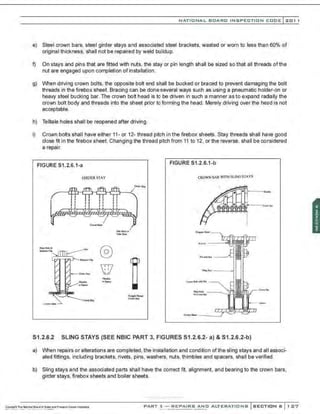 NATIONAL BOARD INSPECTION CODE l 201 1
e) Steel crown bars. steel girder stays and associated steel brackets, wasted or worn to less than 60% of
originaI thickness. shaII not be repaired by weld buildup.
f) On stays and pins that are fitted with nuts, the stay or pin length shall be sized so that all threads of the
nut are engaged upon completion of installation.
g) When driving crown bolts, the opposite bolt end shall be bucked or braced to prevent damaging the bolt
threads in the firebox sheet. Bracing can be done several ways such as using a pneumatic holder-on or
heavy steel bucking bar. The crown bolt head is to be driven in such a manner as to expand radially the
crown bolt body and threads into the sheet prior to forming the head. Merely driving over the head is not
acceptable.
h) Telltale holes shall be reopened after driving.
i) Cro'Nn bolts shall have either 11- or 12- thread pitch in the firebox sheets. Stay threads shall have good
close frt in the firebox sheet. Changing the thread pitch from 11 to 12, or the reverse, shall be considered
a repair.
FIGURE 51.2.6.1-a
CfRDERSTAY
.......
.......
FIGURE 51.2.6.1-b
CROWN BAR WITH SLINGSTAYS
I
S1 .2.6.2 SLING STAYS (SEE NBIC PART 3, FIGURES S1.2.6.2- a) & S1.2.6.2-b)
a) When repairs or alterations are completed, the installation and condition ofthe sling stays and all associ-
ated fittings, including brackets. rivets, pins. washers, nuts, thimbles and spacers. shall be verified.
b) Sling stays and the associated parts shall have the correct fit, alignment, and bearing to the crown bars,
girder stays, firebox sheets and boiler sheets.
.......-.-......... -..-..-...
PART 3- REPAIRS AND ALTERATIONS SECTION 6 1 27
 