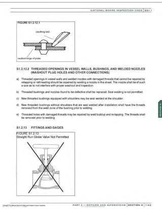 NATIONAL BOARD INSPECTION CODE l201 1
caulking tool
I
caulked edge of plate
S1.2.12.2 THREADED OPENINGS IN VESSEL WALLS, BUSHINGS, AND WELDED NOZZLES
(WASHOUT PLUG HOLES AND OTHER CONNECTIONS)
a) Threaded openings in vessel walls and welded nozzles with damaged threads that cannot be repaired by
retapping or rethreading should be repaired by welding a nozzle in the sheet. The nozzle shall be of such
a size as to not interfere with proper washout and inspection.
b) Threaded bushings and nozzles found to be defective shall be replaced. Seal welding is not permitted.
c) New threaded bushings equipped with shoulders may be seal welded at the shoulder.
d) New threaded bushings without shoulders that are seal welded after installation shall have the threads
removed from the weld zone of the bushing prior to welding.
e) Threaded holes with damaged threads may be repaired by weld buildup andre-tapping. The threads shall
be removed prior to welding.
51.2.13 FITTINGS AND GAGES
traight Run Globe Valve Not Permitted
PART 3- REPAIRS AND ALTERATIONS SECTION 6 14:3
 