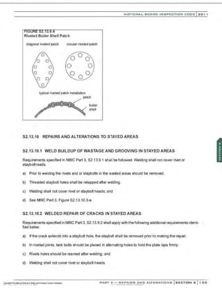 Riveted Boiler Shell Patch
diagonal riveted patch circular riveted patch
typical riveted patch installation
patch
/
boiler
shell
NATIONAL BOARD INSPECTION CODE l 2 0 1 1
S2.13.10 REPAIRS AND ALTERATIONS TO STAYED AREAS
S2.13.10.1 WELD BUILDUP OF WASTAGE AND GROOVING IN STAYED AREAS
Requirements specified in NBIC Part 3, S2.13.9.1 shall be followed. Welding shall not cover rivet or
stayboltheads.
a) Prior to welding the rivets and or staybolts in the wasted areas should be removed.
b) Threaded staybolt holes shall be retapped after welding.
c) Welding shall not cover rivet or staybolt heads: and
d) See NBIC Part 3, Figure S2.13.10.3-a.
S2.13.10.2 WELDED REPAIR OF CRACKS IN STAYED AREAS
Requirements specified in NBIC Part 3, S2.13.9.2 shall apply with the following additional requirements identi-
fied below:
a) If the crack extends into a staybolt hole, the staybolt shall be removed prior to making the repair;
b) In riveted joints, tack bolts should be placed in alternating holes to hold the plate laps firmly:
c) Rivets holes should be reamed after welding; and
d) Welding shall not cover rivet or staybolt heads.
PART 3- REPAIRS AND ALTERATIONS SECTION 6 1 59
 