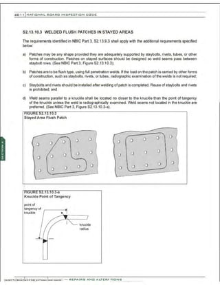 2 0 1 1 INATIONAL BOARD INSPECTI ON CODE
S2.13.10.3 WELDED FLUSH PATCHES IN STAYED AREAS
The requirements identified in NBIC Part 3, 82.13.9.3 shall apply with the additional requirements specified
below:
a) Patches may be any shape provided they are adequately supported by staybolts, rivets, tubes, or other
forms of construction. Patches on stayed surfaces should be designed so weld seams pass between
staybolt rows. (See NBIC Part 3, Figure S2.13.10.3);
b) Patches are to be flush type, using full penetration welds. lf the load on the patch is carried by other forms
of construction, such as staybolts, rivets, or tubes, radiographic examination of the welds is not required;
c) Staybolts and rivets should be installed after welding of patch is completed. Reuse of staybolts and rivets
is prohibited; and
d) Weld seams parallel to a knuckle shall be located no closer to the knuckle than the point of tangency
of the knuckle unless the weld is radiographically examined. IJI.eld seams not located in the knuckle are
preferred. (See NBIC Part 3, Figure S2.13.10.3-a) .
Stayed Area Flush Patch
0
0 0 0
0 0 0 -a
Knuckle Point of Tangency
point of
tangency of
knuckle
0 0
0 l
()
i
0
0
-~
knuckle
radius
/ 0 O t
lo 0 0
0 0 0
0 0
0 0 0
0 0 ./
---_____..-----
 