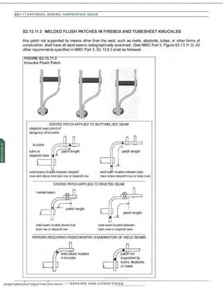 201 1 INATIONAL. BCARC I NSPECTION CODE
S2.13.11.3 WELDED FLUSH PATCHES IN FIREBOX AND TUBESHEET KNUCKLES
Any patch not supported by means other than the weld, such as rivets, staybolts, tubes, or other forms of
construction, shall have all weld seams radiographically examined. (See NBIC Part 3, Figure 52.13.11.3). All
other re~uirements specified in NBIC Part 3, 52.13.9.3 shall be followed.
Knuckle Flush Patch
STAYED PATCHAPPLIEDTO BUTTV'v£LDED SEAM
staybolt rows pointof
tangency of knuckle
knuckle
weld seams located between staybolt weld seam located between tube
rows and above first tube row or staybo~ row rows below staybolt rowsor tube rows
STAYED PATCHAPPLIED TO RIVETED SEAM
riveted seam
weld seam located above first
tube row or staybolt row
weld seam located between
tube rowsor staybo~ rows
REPAIRS REQUIRING RADIOGRAPHIC EXAMINATION OF WELD SEAMS
weld seam located
in knuckle
pate not
supported by
tubes, staybolts,
or rivets
 