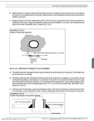 NATIONAL BOARD INSPECTION CODE l 201 1
b) Weld buildup is to replace material that has been lost due to wastage and grooving, and is not to replace
thickness on the opposite side of the sheet. Weld buildup must be applied to the side of the sheet that is
wasted or grooved .
c) Wasted sections that have wasted below 60% of the minimum required thickness shall be repaired by
installing a flush patch using full penetration welds or by the installation of a ring on the inside (pressure
side) ofthe sheet. (See NBIC Part 3, Figure S2.13.14.2).
FIGURE S2.13.14.2
Repair of Handhole Opening
plate lap should not be less than 1/2 in. (13 mm)
-==~
·
~EEiiiiii~=·
1--
Siandard fillet weld
handhole
size
52.13.14.3 REPAIR OF FUSIBLE PLUG OPENING
a) Threaded holes with damaged threads may be repaired by weld buildup andre-tapping. The threads shall
be removed prior to welding.
b) Threaded openings with damaged threads that cannot be repaired by re-tapping or re-threading should
be repaired by welding a flush patch or a connection in the sheet. The connection shall be of such a size
as to not interferewith proper operation. The coupling shall be welded flush, using a full penetration weld,
with the fireside and must not project higher than 1/2 in. (13 mm) from the water side. (See NBIC Part 3,
Figure S2.13.14.3).
c) Patches are to be flush type, using full penetration welds. If the load on the patch is earned by other forms
of construction. such as staybolts, rivets, or tubes, radiographic examination of the welds is not required.
3/4 in. (19 mm) minimum
·.·
..·
..·.·...............·..
PART 3- REPAIRS AND ALTERATIONS SECTION 6 171
 