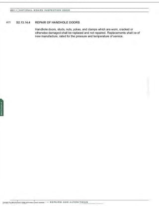 201 1 INATIONAL. BCARC I NSPECTION CODE
A11 52.13.14.4 REPAIR OF HANDHOLE DOORS
Handhole doors, studs, nuts, yokes, and clamps which are worn, cracked or
otherwise damaged shall be replaced and not repaired. Replacements shall be of
new manufacture, rated for the pressure and temperature of service.
 