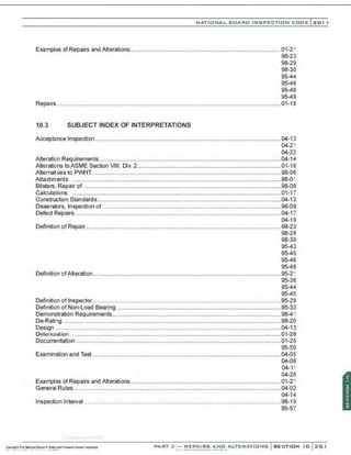 NATIO N AL BOARD INSPECTION CODE l201 1
Examples of Repairs and Alterations.............................................................................................01-21
98-23
98-29
98-30
95-44
95-46
95-48
95-49
Repairs..........................................................................................................................................01-18
10.3 SUBJECT INDEX OF INTERPRETATIONS
Acceptance Inspection ..................................................................................................................04-13
04-21
04-22
Alteration Requirements ................................................................................................................04-14
Alterations toASME Section VIII, Div. 2 ........................................................................................01-16
Alternatives to PWHT....................................................................................................................98-06
Attachments ................................................................................................................................98-01
Blisters, Repair of .........................................................................................................................98-09
Calculations ................................................................................................................................01-17
Construction Standards.................................................................................................................04-1 3
Deaerators, Inspection of .............................................................................................................98-09
Defect Repairs...............................................................................................................................04-1 7
04-19
Definition of Repair........................................................................................................................98-23
98-29
98-30
95-43
95-45
95-46
95-49
Definition of Alteration....................................................................................................................95-21
95-36
95-44
95-45
Definition of lnspector....................................................................................................................95-29
Definition of Non-Load Bearing .....................................................................................................95-33
Demonstration Requirements........................................................................................................98-41
De-Rating .................................. ........................... .........................................................................98-20
Design ...........................................................................................................................................04-13
Deterio1ation ................................................................................................................................01-26
Documentation ..............................................................................................................................01-25
95-50
Examination and Test ....................................................................................................................04-05
04-06
04-11
04-20
Examples of Repairs and Alterations.............................................................................................01-21
General Rules................................................................................................................................04-02
04-14
lnspecti·Jn Interval ........................................................................... ..............................................98-19
95-57
..................... ·..·..·.·..·
PART3-REPAI RSANDALTERATIDNS SECTION 10 261
 
