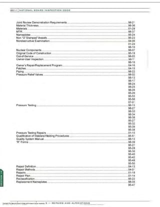 201 1 INATIONAL. BCARC I NSPECTION CODE
Joint Review Demonstration Requirements ... ...............................................................................98-21
MateriaI Thickness..................................................................................................... ....................98-36
Materials........................................................................................................................................01-28
MTR...............................................................................................................................................98-37
Nameplates ...................................................................................................................................95-24
Non "U" Stamped Vessels .............................................................................................................95-23
Nondestructive Examination..........................................................................................................04-06
01-24
98-10
Nuclear Components.....................................................................................................................98-07
Original Code of Construction .......................................................................................................95-19 ::
Out-of-Service ...............................................................................................................................98-03
Owner-user Inspection.................................................................................................................. 98-11
98-16
Owner's Repair/Replacement Program.........................................................................................04-16
Patches..........................................................................................................................................04-15
Piping ............................................................................................................................................98-22
Pressure ReliefValves ..................................................................................................................98-02
98-13
98-17
98-24
98-25
98-26
95-26
95-55
95-56
07-01
Pressure Testing............................................................................................................................96-15
98-27
98-33
98-34
98-38
95-27
95-32
95-39
95-38
Pressure Testing Repairs ..............................................................................................................01-15
Qualification ofWelders/IJI.elding Procedures ...............................................................................95-51
Quality System Manual..................................................................................................................98-13
"R" Forms ......................................................................................................................................98-39
95-27
95-28
95-30
95-40
95-42
95-48
95-50
Repair Definition ............................................................................................................................04-13
Repair Methods .............................................................................................................................04-01
Repairs............................................ ........................... ........................... ........................... .............01-18
Repair Plan....................................................................................................................................01-14
Reclassification..............................................................................................................................95-22
Replacement Nameplates .............................................................................................................98-35
95-47
 