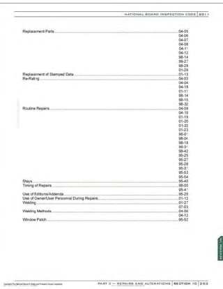 NATIO N AL BOARD INSPECTION CODE l 201 1
Replacement Parts ........................................................................................................................04-05
04-06
04-07
04-08
04-1 1
04-12
98-14
98-27
98-28
01-29
Replacement of Stamped Data .....................................................................................................01-13
Re-Rating ......................................................................................................................................04-03
04-04
04-18
01-11
98-14
98-15
98-32
Routine Repairs.............................................................................................................................04-09
04-10
01 -1 9
01 -20
01-22
01-23
98.01
98-04
98-18
96-31
98-42
95-25
95-27
95-28
95-31
95-53
95-54
Stays..............................................................................................................................................95-40
Timing of Repairs ..........................................................................................................................98-05
95-41
Use of Editions/Addenda...............................................................................................................95-20
Use of Owner/User Personnel During Repairs..............................................................................01-12
Welding..........................................................................................................................................01-27
07.03
Welding Methods............................................................................. ..............................................04-06
04-12
Window Patch................................................................................................................................95-52
PART 3- REPAI RS AND A LTERATIONS SECTION 10 26:3
 