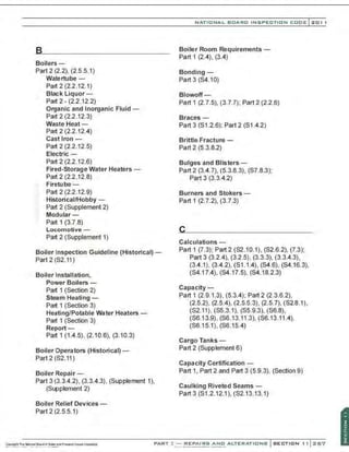Boilers-
Part 2 (2.2), (2.5.5.1)
Watertube-
Part 2 (2.2.12.1)
Black Liquor-
Part 2 - (2.2.12.2)
Organic and Inorganic Fluid -
Part 2 (2.2.12.3)
Waste Heat-
Part 2 (2.2.12.4)
Cast Iron-
Part 2 (2.2.12.5)
Electric-
Part 2 (2.2.12.6)
Fired-Storage Water Heaters-
Part 2 (2.2.12.8)
Firetube -
Part 2 (2.2.12.9)
Historical/Hobby -
Part 2 (Supplement 2)
Modular-
Part 1 (3.7.8)
Locomotive-
Part 2 (Supplement 1)
Boiler Inspection Guideline (Historical)-
Part 2 (S2.11 )
Boiler Installation,
Power Boilers-
Part 1 (Section 2)
Steam Heating -
Part 1 (Section 3)
Heating/Potable Water Heaters -
Part 1 (Section 3)
Report-
Part 1 (1.4.5), (2.10.6), (3.10.3)
Boiler Operators (Historical) -
Part 2 (S2.11)
Boiler Repair-
Part 3 (3 3.4.2), (3.3.4.3). (Supplement 1),
(Supplement 2)
Boiler Relief Devices-
Part 2 (2.5.5.1)
NATIO N AL BOARD INSPECTION CODE l 201 1
Boiler Room Requirements -
Part 1 (2.4), (3.4)
Bonding-
Part 3 (S4.10)
Blowoff-
Part 1 (2.7.5), (3.7.7); Part 2 (2.2.6)
Braces-
Part 3 (S1 .2.6): Part 2 (S1.4.2)
Brittle Fracture -
Part 2 (5.3.8.2)
Bulges and Blisters -
Part 2 (3.4.7), (5.3.8.3), (S7.8.3);
Part 3 (3.3.4.2)
Burners and Stokers-
Part 1 (2.7.2), (3.7.3)
Calculations -
Part 1 (7.3); Part2 ($2.10.1), (S2.6.2), (7.3);
Part 3 (3.2.4), (3.2.5), (3.3.3), (3.3.4.3),
(3.4 .1), (3.4.2), (S1.1.4), (S4.6), ($4.16.3),
(S4.17.4), (S4.17.5), (S4.18.2.3)
Capacity -
Part 1 (2.9.1 3). (5.3.4); Part 2 (2.3.6.2),
(2.5.2), (2.5.4), (2.5.5.3), (2.5.7), ($2.8.1),
(S2.11), (S5.3.1), (S5.9.3), (S6.8),
(S6.13.9), (S6.13.11 .3), (S6.13.11.4),
($6.15.1), ($6.15.4)
Cargo Tanks -
Part 2 (Supplement 6)
Capacity Certification -
Part 1, Part 2 and Part 3 (5.9.3), (Section 9)
Caulking Riveted Seams-
Part3 (S1 .2.12.1), (S2.13.13.1)
PART~- REPAIRS AND ALTERATIONS
 