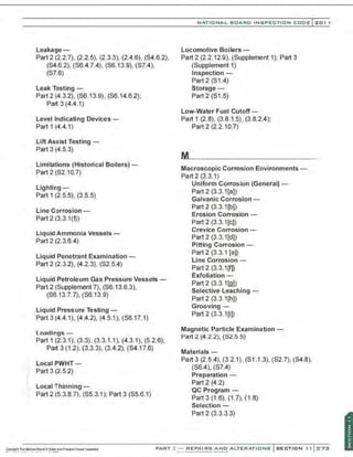 Leakage -
Part 2 (2.2.7), (2.2.5), (2.3.3), (2.4.6), (S4.6.2),
(S4.6.2), (S6.4.7.4), (S6.13.9), (S7.4),
(S7.6)
Leak Testing -
Part 2 (4.3.2), (S6.13.9), (S6.14.6.2);
Part 3 (4.4.1)
Level Indicating Devices-
Part 1 (4.4.1)
Lift Assist Testing -
Part 3 (4.5.3)
Limitations (Historical Boilers) -
Part 2 (S2.10.7)
Lighting-
Part 1 (2.5.5), (3.5.5)
Line Corrosion-
Part 2 (3.3.1(t))
Liquid Ammonia Vessels-
Part 2 (2.3.6.4)
Liquid Penetrant Examination -
Part 2 (2.3.2), (4.2.3), (S2.5.4)
Liquid Petroleum Gas Pressure Vessels -
Part 2 (Supplement 7), (S6.13.6.3),
(S6.13.7.7), (S6.1 3.9)
Liquid Pressure Testing-
Part 3 (4.4.1), (4.4.2), (4.5.1), (S6.17.1)
Loadings -
Part 1 (2.3.1), (3.3), (3.3.1.1), (4.3.1), (5.2.6);
Part 3 (1 .2), (3.3.3). (3.4.2), (S4.17.6)
Local PWHT-
:: Part 3 (2.5.2)
Local Thinning-
Part 2 (5.3.8.7), (S5.3.1 ); Part 3 (S5.6.1)
NATIO N AL BOARD INSPECTION CODE l 201 1
Locomotive Boilers -
Part 2 (2.2.12.9), (Supplement 1); Part 3
(Supplement 1)
Inspection-
Part 2 (S1.4)
Storage -
Part2 (S1 .5)
Low-Water Fuel Cutoff -
Part 1 (2.8), (3.8.1 .5), (3.8.2.4);
Part 2 (2.2.10.7)
M
Macroscopic Corrosion Environments-
Part 2 (3.3.1)
Uniform Corrosion (General)-
Part 2 (3.3.1[a))
Galvanic Corrosion -
Part 2 (3.3.1[b))
Erosion Corrosion -
Part 2 (3.3.1[c))
Crevice Corrosion -
Part 2 (3.3.1[d))
Pitting Corrosion -
Part 2 (3.3.1 [e})
Line Corrosion-
Part 2 (3.3.1[f))
Exfoliation -
Part 2 (3.3.1[g))
Selective Leaching -
Part 2 (3.3.1 [h))
Grooving-
Part 2 (3.3.1[i))
Magnetic Particle Examination -
Pan 2 (4.2.2), (S2.5.5)
Materials-
Part 3 (2.5.4), (3.2.1), (S1 .1.3), (S2.7), (84.8),
(S6.4), (S7.4)
Preparation -
Part 2 (4.2)
QC Program-
Part 3 (1.6), (1 .7), (1 .8)
Selection -
Part 2 (3.3.3.3)
PART~- REPAIRS AND ALTERATI O NS
 