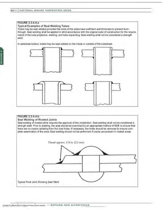 201 1 INATIONAL. BCARC I NSPECTION CODE
J.J.4.4-a
Typical Examples of Seal Welding Tubes
Tubes may be seal welded provided the ends of the tubes have sufficient wall thickness to prevent bum-
through Seal welding shall be applied in strict accordance with the original code of construction for the require·
ments of the tube projection, welding, and tube expanding. Seal welding shall not be considered a strength
weld.
In watertube boilers, tubes may be seal welded on the inside oroutside of the tubesheet
? ~ } ~
-
""' 'lo..
} 3 ~ 
..... ..... .....
Seal Welding of Riveted Joints
Seal welding of riveted joints requires the approval of the Jurisdiction. Seal welding shall not be considered a
strength weld. Prior to welding, the area should be examined by an appropriate method of NDE to ensure that
there are no cracks radiating from the rivet holes. If necessary. the rivets should be removed to ensure com-
plete examination of the area. Seal welding should not be performed if cracks are present in riveted areas.
Throat approx. 1/8 in. (3.2 mm)
Typical Rivet Joint Showing Seal Weld
·,·..·..·,·........,· ....·.·..·
-REPAIRS AND ALTERATIONS
 