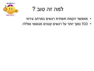 ‫טוב‬ ‫זה‬ ‫למה‬?
•‫עירוני‬ ‫במרחב‬ ‫רגשים‬ ‫תשתית‬ ‫הקמת‬ ‫מאפשר‬
•TCO‫סוללה‬ ‫מבוססי‬ ‫קטנים‬ ‫רגשים‬ ‫על‬ ‫יותר‬ ‫נמוך‬
 