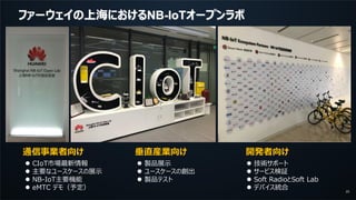 20
通信事業者向け
ファーウェイの上海におけるNB-IoTオープンラボ
 CIoT市場最新情報
 主要なユースケースの展示
 NB-IoT主要機能
 eMTC デモ（予定）
垂直産業向け
 製品展示
 ユースケースの創出
 製品テスト
開発者向け
 技術サポート
 サービス検証
 Soft RadioとSoft Lab
 デバイス統合
 
