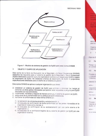 NB/OHSAS 18001 
r--.- 
Figura'l - Modelo de sistema de gestión de SySO par¿ esé :r:.Tla OHSAS 
OBJETO Y CAMPO DE APLICAC]ÓN 
-rG-= 
Esta norma de la Se.ie de EvalLlación de la Seguajdad y t: 3¿,: :._:á: onal (OHSAS) 
e_spec¡f¡ca los requisitos para un sister¡a de g=étión de la S:r_-,=: _, S;.]d Ocüpacional 
(SySO) destinados a permitir que una organización cont¡ole sj -.as:,=:a= SySO y mejore 
su desempeño de SySO. No establece criterjos de dese:::É-i: - S,.SJ nÍ proporciona 
especifcaciones detalladas para el diseño de un sistema Ca -.::-:,- 
Esta norma OHSAS se apjica a cualquier organización que .=- 
riesgos al 
para SySO 
+aL-a_ 
:: TÉ 
a) establecer un sistema de gestión de SySO para e --:' : -, ::r los 
b) 
c 
personai y a ohas partes intercsadas que podrían es:a- e-:_+_--:s: 
asoclados con sus actividades; 
:É lros 
implementar, mantener y mejorar de manera conUnue _- 3:-:-¿ :. :-:ón de SySO; 
esegurarse de su conformjdad coñ su política de SySC:-.=: ¿::: 
demostrar la conformidad con esta norma OHSAS pc- 
' :¿ ¡¿a zación de una auLoev¿luación y autooecl¿-¿: : - : : i: bjsqueda de confirmación de dch¿ conformic¿a :,a- ¿s a¿:= .ieresadas en la 
a|c¿.zación tales como clie¡tes; o 3 l¿ a:iscu=da de confiranació¡ de su altodeclE€::- :,a, _-: aa.ie exteTna a la :-:::za:óa: o ¿, : aa-.rgia i. i3 c€r¡ic¿ciónkegistro de s,r sisi:-é := 
:i{lr-: r: 
:=:._ :e syso por una 
 