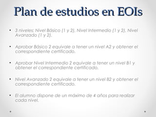 Plan de estudios en EOIsPlan de estudios en EOIs
• 3 niveles: Nivel Básico (1 y 2), Nivel Intermedio (1 y 2), Nivel
Avanzado (1 y 2).
• Aprobar Básico 2 equivale a tener un nivel A2 y obtener el
correspondiente certificado.
• Aprobar Nivel Intermedio 2 equivale a tener un nivel B1 y
obtener el correspondiente certificado.
• Nivel Avanzado 2 equivale a tener un nivel B2 y obtener el
correspondiente certificado.
• El alumno dispone de un máximo de 4 años para realizar
cada nivel.
 