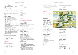 3. Les tournesols sont efficaces
contre l’uranium et la moutarde
contre le plomb.
4. Oui, il est expérimenté dans le
nord de la Belgique.
Chapitre 5
Compréhension orale
Exercice 1 page 52
1. b 2. b 3. a 4. a
5. b 6. a
Phonétique
Exercice 1 page 52
1. [ã] 2. [õ] 3. [ã]
4. [ã] 5. [õ] 6. [õ]
7. [õ] 8. [õ] 9. [ã]
10. [ã] 11. [ã] 12. [ã]
Grammaire
Exercice 1 page 53
1. réussir ; grandir ; fleurir
Exercice 2 page 53
finir, pâlir, réussir, agir, vieillir,
rajeunir, salir, fleurir, grandir
Exercice 3 page 53
1. réfléchissez
2. n’avons pas fini
3. n’obéissent pas
4. fleurit
5. as rajeuni
6. grandissent – vieillissent
7. ont réussi
8. a rougi
9. a puni
10. réussit
Enrichissez votre vocabulaire
Exercice 1 page 54
1. b 2. a 3. b 4. b
Exercice 2 page 55
Production orale
Exercice 1 page 55
Production libre
Compréhension écrite
Exercice 1 page 56
1. a 2. c 3. b 4. d
Production écrite
Exercice 1 page 56
Production libre
Chapitre 6
Compréhension orale
Exercice 1 page 61
1. V 2. F 3. V 4. V 5. F
6. V 7. V 8. V 9. V 10. F
4
S O L U T I O N S
Exercice 2 page 35
1. ses 2. son 3. ses 4. leurs
5. leur
Exercice 3 page 35
mon – sa – ses – ses – son – ses –
ses – ses – ses – ses – ses – sa –
ses
Compréhension écrite et production
orale
Exercice 1 page 36
1. a. qui a participé à une
expérience télé originale.
b. des hommes préhistoriques.
c. deux familles.
d. difficile
2. Cinq personnes.
3. Ils sont habillés en hommes du
néolithique.
4. L’une des familles qui a participé à
l’expérience télé.
5. Les corn-flakes, les baskets,
l’ordinateur et la télé.
6. Traire les vaches, faire du feu sans
allumettes, pêcher des truites à la
main, aller chercher l’eau à la
source et dormir sur des peaux.
7. Production libre
Enrichissez votre vocabulaire
Exercice 1 page 37
1. g 2. a 3. h 4. b 5. d
6. e 7. c 8. f
Chapitre 4
Compréhension orale
Exercice 1 page 41
1. b 2. b 3. a 4. c 5. a
6. b 7. c
Détente
Exercice 1 page 42
Horizontalement
1. Tôt
2. prison
3. terre
4. planter
Verticalement
1. plan
2. trois
3. soleil
4. rose
5. papier
Dites-le avec des fleurs
Exercice 1 page 43
De gauche à droite :
Le coquelicot ; la violette ; la tulipe ;
le lys ; l’œillet ; la rose
Exercice 2 page 44
1. l’œillet 2. le lys 3. le muguet
4. la rose 5. le chrysanthème
6. la marguerite
Exercice 3 page 45
1. c 2. a 3. d 4. e 5. b
Exercice 4 page 46
1. Il est né en Hollande.
2. Il est mort en Belgique.
3. Les tournesols et les iris.
4. Il symbolise le soleil, l’optimisme
de l’artiste à cette période de sa
vie.
5. Il se suicide.
Exercice 5 page 47
1. Elles sont utiles parce qu’elles
peuvent nous aider à lutter contre
la pollution.
2. Certaines fleurs ont le pouvoir
d’absorber des métaux nocifs
pour l’air, les sols et l’homme.
3
S O L U T I O N S
Un lac
La pelouse
Une haieUn arbre
Une poubelle
Un banc
Une allée
Un jet d’eau
Une fontaine
Les fleurs
 