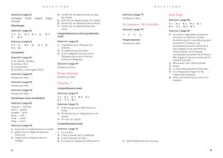 Exercice 2 page 75
Production libre
La naissance de Versailles
Exercice 1 page 79
1. 4. 5. 6.
Projet Internet
Production libre
Test Final
Exercice 1 page 80
1. c 2. a 3. b 4. a 5. a
6. b 7. b 8. b 9. a
Exercice 2 page 81
1. La France s’agrandit puisque la
Lorraine, la Franche-Comté,
Strasbourg et le Luxembourg sont
annexés à la France. Les
protestants doivent renoncer à
leur religion et se convertir au
catholicisme. Les Français
connaissent la misère et la France
fait la guerre qui se conclut par le
traité d’Utrecht.
2. Parce que c’est l’absolutisme.
3. Le lys.
4. Le tournesol absorbe l’uranium.
5. Il correspond à l’âge d’or du
classicisme français.
6. Parce qu’il favorise les arts et le
théâtre.
6
S O L U T I O N S
Exercice 2 page 61
Président Parler Argent Tulipe
Accuser
Phonétique
Exercice 1 page 62
1. X 2. . 3. X 4. X 5. . 6. X
7. . 8. X
Exercice 2 page 62
1. X 2. . 3. X 4. . 5. X 6. .
7. X 8. .
Grammaire
Exercice 1 page 63
1. se rendra, cachera
2. parlera, dira
3. comprendra
4. arrivera, interrogera, fera
Exercice 2 page 63
Production libre
Exercice 3 page 64
Production libre
Exercice 4 page 64
Production libre
Enrichissez votre vocabulaire
Exercice 1 page 65
chauve – chevelu
petit – grand
maigre – gros
beau – laid
frisé – raide
long – court
Exercice 2 page 65
1. beau (ne se rapporte pas au poids)
2. grand (ne se rapporte pas aux
cheveux)
3. ongle (ne se rapporte pas au
visage)
4. coude (ne se rapporte pas au bas
du corps)
5. pied (ne se rapporte pas à la main)
6. mince (ne se rapporte pas au bras)
7. coude (ne se rapporte pas aux
sens)
Compréhension écrite et production
orale
Exercice 1 page 66
1. Il présente une ville pour les
enfants.
2. Il s’adresse aux familles.
3. Il est rédigé en français et en
flamand parce que le lieu se
trouve en Belgique.
Exercice 2 page 67
Production libre
Projet Internet
Production libre
Chapitre 7
Compréhension orale
Exercice 1 page 74
1. a 2. a 3. b 4. b 5. a
6. c 7. a 8. b
Exercice 2 page 74
1. Il donne les cent mille florins à
Rosa.
2. M. Boxtel est un imposteur et un
voleur.
3. Ils vont se marier.
Compréhension écrite
Exercice 1 page 75
1. Il a 14 ans.
2. C’est un porte-ski à roulettes.
3. Il sert à porter les skis.
4. Il a reçu un chèque de 2000 euros.
5
S O L U T I O N S
© 2005 Cideb Editrice, Genova
 