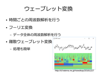 ウェーブレット変換
● 時間ごとの周波数解析を行う
● フーリエ変換
– データ全体の周波数解析を行う
● 離散ウェーブレット変換
– 処理も簡単
http://d.hatena.ne.jp/nowokay/20161227
 