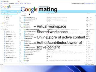 mating Virtual workspace Shared workspace Online store of active content Author/contributor/owner of active content 