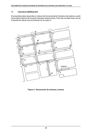 28
REGLAMENTOS TÉCNICOS DE DISEÑO DE SISTEMAS DE ALCANTARILLADO SANITARIO Y PLUVIAL
11	 CÁLCULO HIDRÁULICO
El proyectista debe desarrollar el cálculo del funcionamiento hidráulico del sistema a partir
de los datos básicos del proyecto indicados anteriormente. Para esto se debe hacer uso de
la planilla de cálculo que se presenta en el cuadro 1.
�����
�
�
�����
�����
�
��
������
��
�
������
��
��
������
������
��
��
�����
�����
��
��
������
�� ������
��
������
�
�����
������
������
��
�
��
�����
�
��
������
�
�����������
�
�����
�����
������
������
Figura 3 - Numeración de cámaras y tramos
 