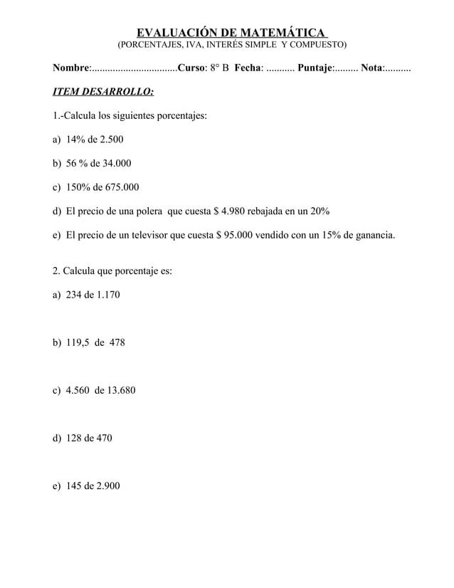 Nb6 evaluacion porcentajes int simple y compuesto | DOC