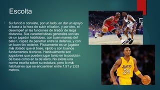 Escolta


Su funció n consiste, por un lado, en dar un apoyo
al base a la hora de subir el baló n, y por otro, el
desempeñ ar las funciones de tirador de larga
distancia. Sus características generales son las
de un jugador habilidoso, con buen manejo del
baló n, capaz de penetrar entre la defensa, y con
un buen tiro exterior. Físicamente es un jugador
má dotado que el base, rá
s
pido y con buenos
fundamentos té cnicos. Habitualmente son
jugadores que pueden jugar tanto en la posició n
de base como en la de alero. No existe una
norma escrita sobre su estatura, pero lo má
s
habitual es que se encuentren entre 1,91 y 2,03
metros.

 