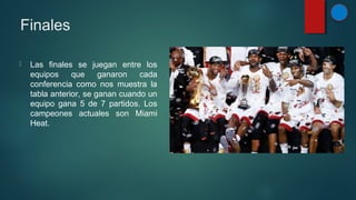 Finales


Las finales se juegan entre los
equipos
que
ganaron
cada
conferencia como nos muestra la
tabla anterior, se ganan cuando un
equipo gana 5 de 7 partidos. Los
campeones actuales son Miami
Heat.

 
